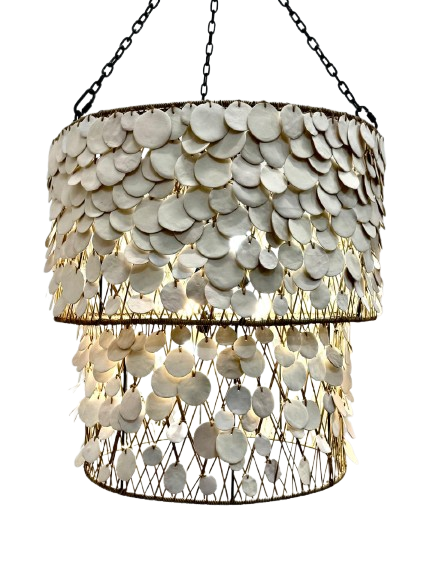 A two-tier drum chandelier featuring a scalloped shell clay disc overlay on a dark metal frame, suspended by black chains against a plain white background.