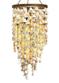 A hanging chandelier with multiple tiers of small white bell-shaped clay parts