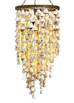 A hanging chandelier with multiple tiers of small white bell-shaped clay parts
