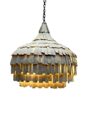 A modern pendant light with a tiered, shaggy shade made of overlapping rectangular clay parts