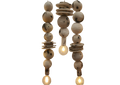 A rustic hanging pendant light made from natural clay beads and discs, singular vertical strands