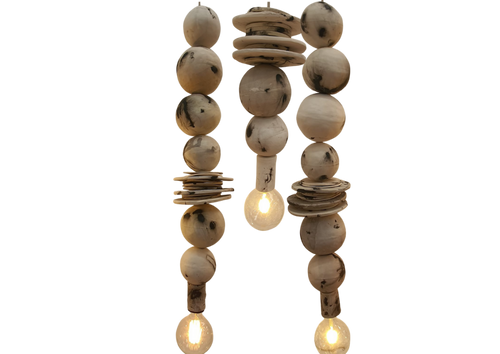 A rustic hanging pendant light made from natural clay beads and discs, singular vertical strands