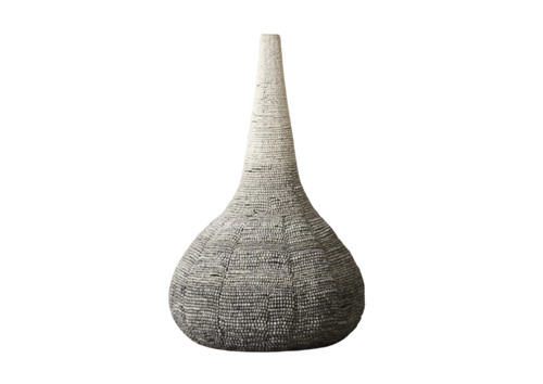 A tall, traditional African calabash shaped beaded pendant light