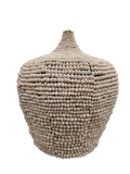 A large, bulb-shaped carafe with a narrow neck, covered in rows of small, round natural clay beads.