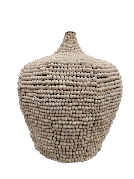 A large, bulb-shaped carafe with a narrow neck, covered in rows of small, round natural clay beads.