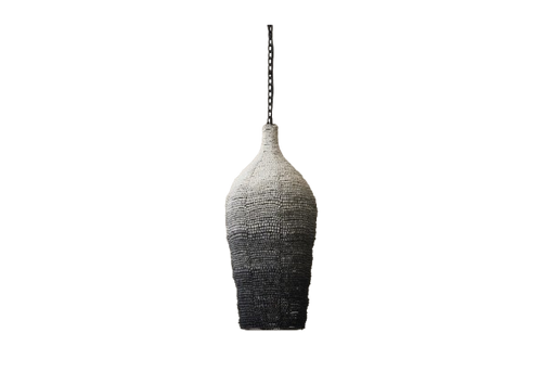 A hanging cocoon shaped pendant light with a clay beads