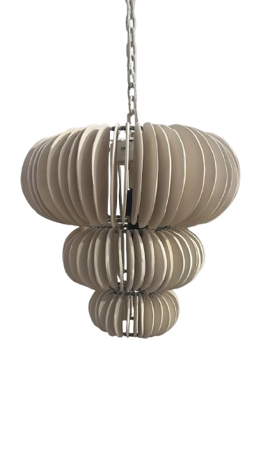 A modern multi-tiered pendant light with a clay disc design.