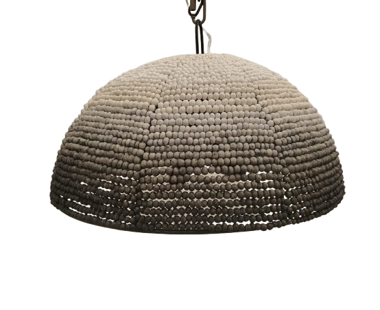 A dome-shaped pendant light fixture, beaded shade