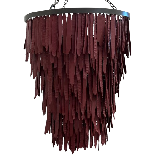 A modern tiered chandelier featuring dark reddish-brown hanging seed pod shaped clay elements 