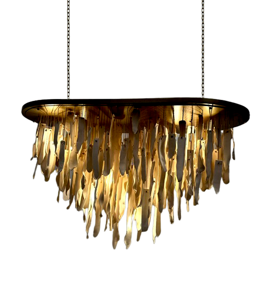 A modern chandelier hanging clay draping leaf-like shades.