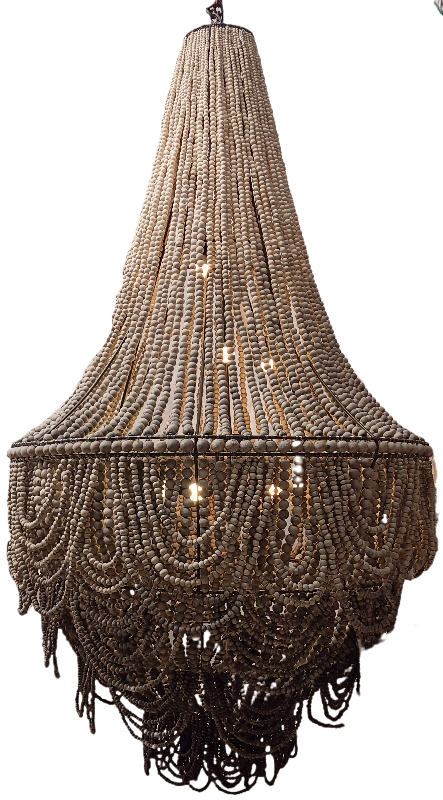 A large conical chandelier made of layered strands of clay beads, with warm lights glowing inside and fringe hanging at the bottom