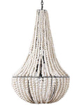 A teardrop-shaped hanging chandelier made of many strands of clay beads.