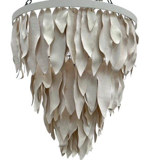 A modern tiered chandelier with overlapping leaf-shaped clay shades 