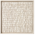 A square wood framed wall art piece featuring a textured arrangement of clay petal like shapes 