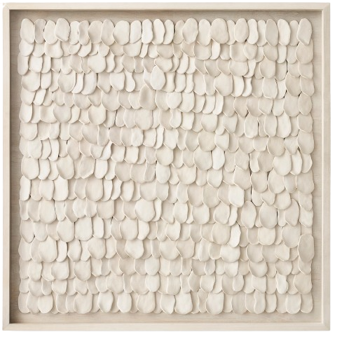 A square wood framed wall art piece featuring a textured arrangement of clay petal like shapes 