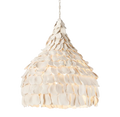 A pendant light shade made of overlapping clay petal shaped pieces