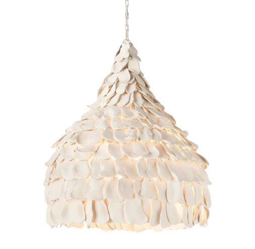 A pendant light shade made of overlapping clay petal shaped pieces