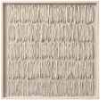 An abstract square wall art piece featuring rows of textured clay sticks, vertically oriented organic shapes 
