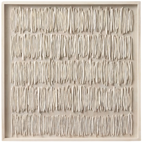 An abstract square wall art piece featuring rows of textured clay sticks, vertically oriented organic shapes 