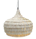A hanging pendant light with a dome-shaped shade made of overlapping clay pieces