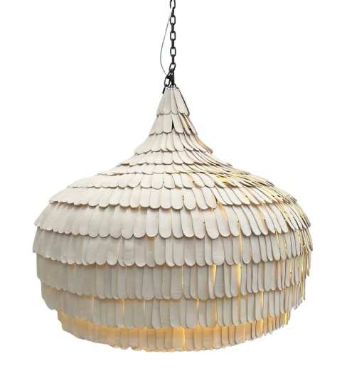 A hanging pendant light with a dome-shaped shade made of overlapping clay pieces