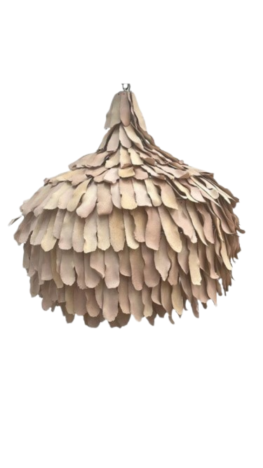 A dome-shaped pendant light fixture made of overlapping natural clay in bark shaped pieces.