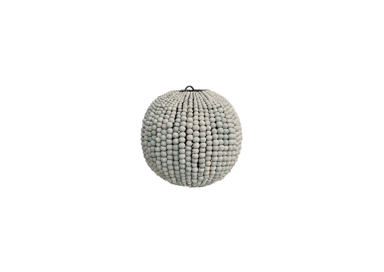 A spherical pendant light fixture made of clay beads.