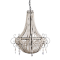 A vintage-style multi-tiered chandelier featuring clay beaded strands draped and clear crystal hanging drops.