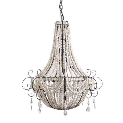 A vintage-style multi-tiered chandelier featuring clay beaded strands draped and clear crystal hanging drops.