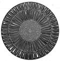 A round art frame with a geometric sunburst pattern, featuring concentric rings of clay designs and a dense circular