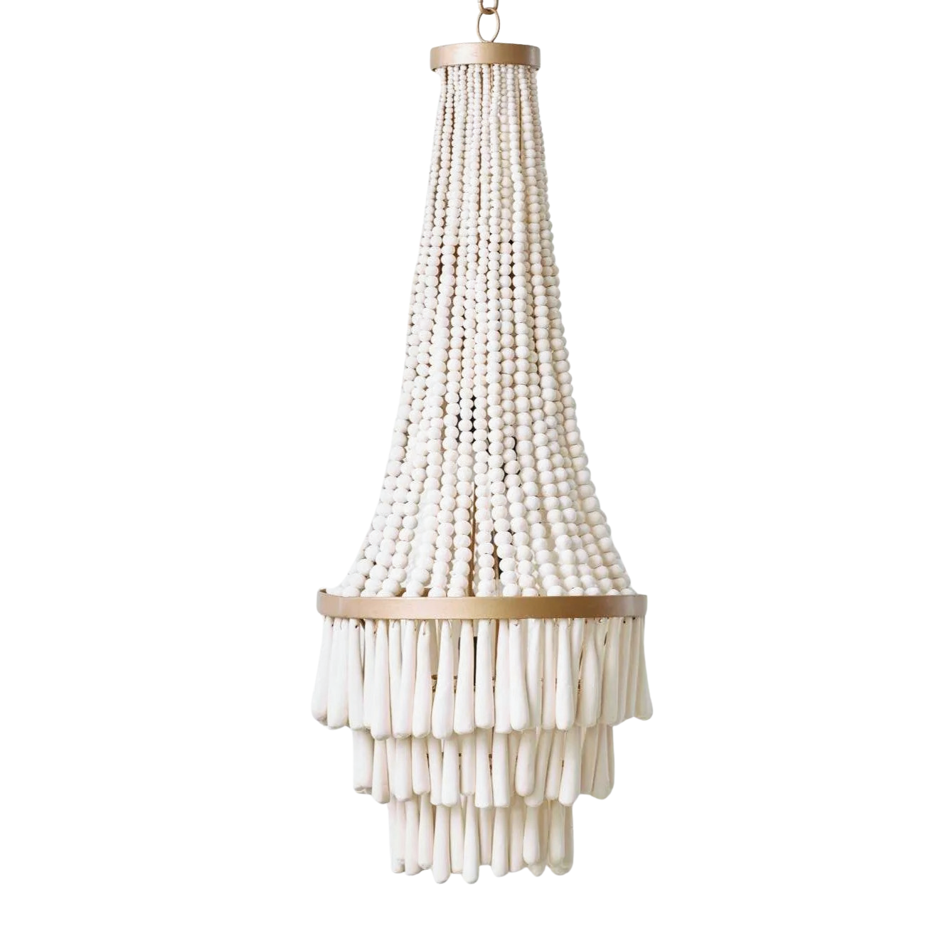 A tiered clay bead chandelier with a conical shape, featuring beads and with clay cylindrical parts