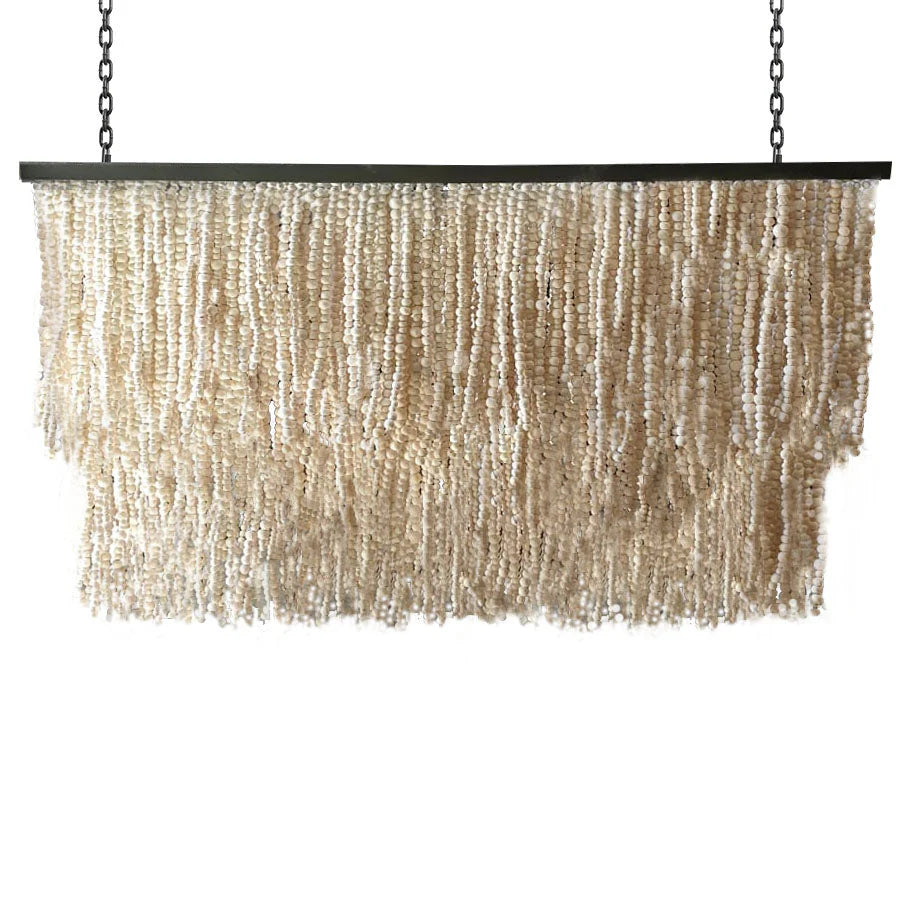Beaded chandelier with a black frame on a white background