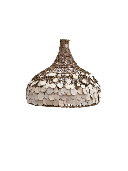 A dome-shaped woven pendant light shade decorated with overlapping round metallic coin-like discs, shown against a plain white background.