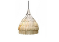 A d pendant light fixture made of overlapping clay pieces.